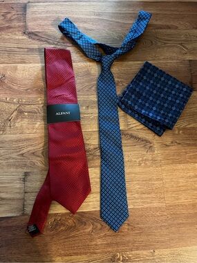 Alfani Red Silk Tie and Cerrutti Blue Patterned Tie and Matching Pocket Square